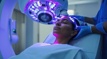 Patient undergoing radiation therapy for a brain tumor, with a technician adjusting the machine.