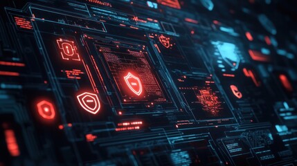 Fototapeta premium Abstract digital interface with security symbols and data elements in red and blue tones.