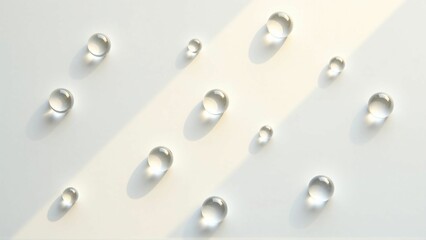 強い太陽光の当てられた白い背景の上に輝く光を乱反射したクリアな水の雫　Clear water drops with diffused reflection of shining light on a white background
