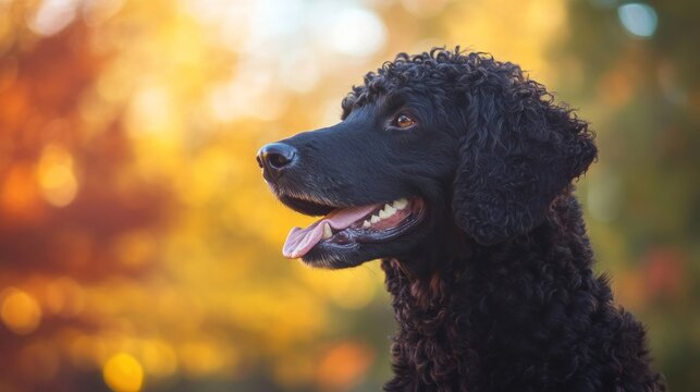 A profile of a black curly-haired dog against a blurred autumn background.
