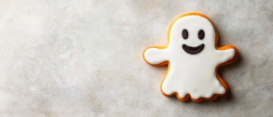 Fototapeta premium A ghost-shaped cookie, featuring a cheerful smile, sits atop a pristine white tablecloth
