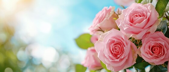 pink roses with verdant leaves against a blue backdrop of sky, speckled with white clouds