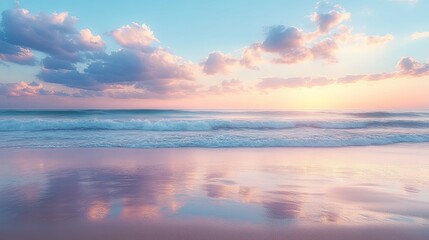 Serene Sunset Over Tranquil Ocean Waves and Pink Sandy Beach