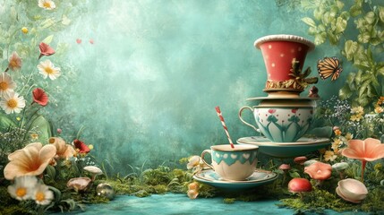 Mad Hatter's Floating Tea Shop Banner background of Mad Hatter Day theme banner design for microstock, no text, and wide copy space, Mad Hatter's Floating Tea Shop, 