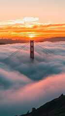 Obraz premium Golden Gate Bridge emerges from mist at sunset, creating stunning view. vibrant colors of sky reflect on fog, evoking sense of tranquility and awe