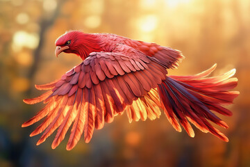 Obraz premium Red phoenix soaring through the sky at sunset