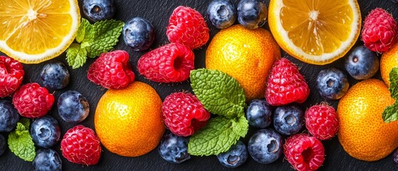 Obraz premium Oranges, raspberries, blueberries, and more raspberries arranged in a pattern on a black surface (Added more before raspberries to maintain consistency with