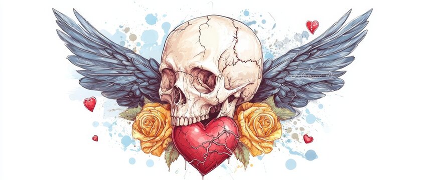  Skull with angel wings, heart adorned with roses on white backdrop Watercolor splash