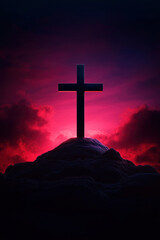 Cross on a hill with fiery red sky