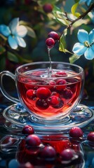 A cup of tea with a cherry garnish A branch of blue flowers beside it