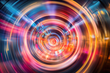 Revolving Ferris wheel with streams of vibrant lights