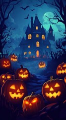  A collection of jack-o-lanterns before a house at night under a full moon