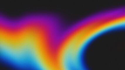Psychedelic, grainy gradient background banner in rainbow shades of red, blue, yellow, orange, and purple with a noisy texture, perfect for poster headers and backdrop designs.