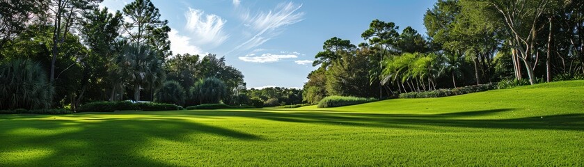 A large, lush green field with trees in the background
