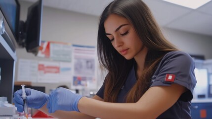 Obraz premium A focused healthcare professional preparing a sample in a lab setting.