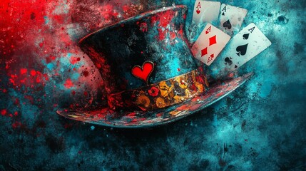 Mad Hatter's Hat with Playing Cards Banner background of Mad Hatter Day theme banner design for microstock, no text, and wide copy space, Mad Hatter's Hat with Playing Car