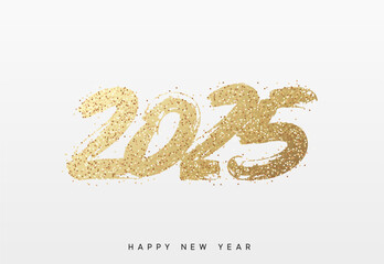 Happy New Year written number golden glitter 2025. Gold glittered 2025 text in a bold, hand painted style on a white background. Vector illustration
