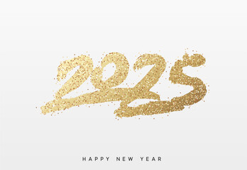 Happy New Year written number golden glitter 2025. Gold glittered 2025 text in a bold, hand painted style on a white background. Vector illustration