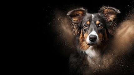  Up-close dog's face on black backdrop with dust emerging from ears