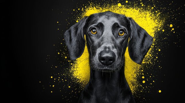  A tight shot of a canine's visage featuring a yellow mark in its central region