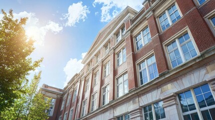 University building with a banner promoting available college scholarships.