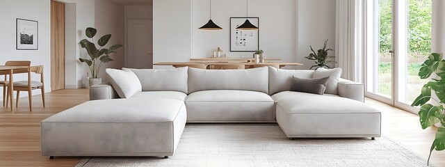 Fototapeta premium Cozy and Inviting Contemporary Living Room with Comfortable Sectional Sofa in Soft Textile Clean Lined Design Natural Wood Accents