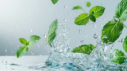 Levitating mint leaves in splashes of levitating water