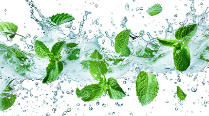 Levitating mint leaves in splashes of levitating water