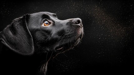  A tight shot of a black dog's expressive eyes against a black backdrop, speckled with golden flecks