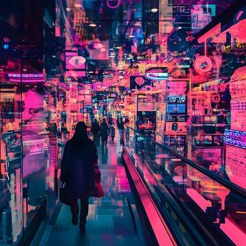 Chaotic Black Friday retail pandemonium featuring a disorienting sensory kaleidoscope of savvy shoppers mesmerizing kinetic displays and a hyper stylized synthwave inspired design