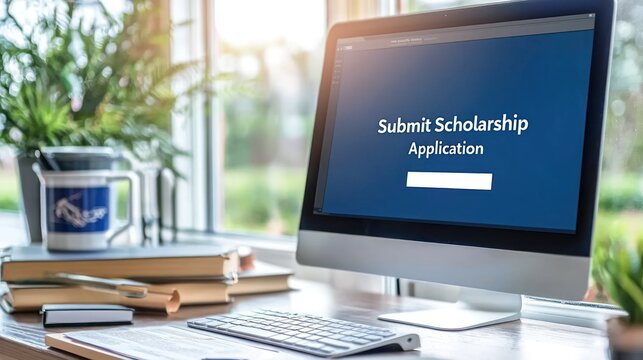 Digital application form on a computer screen, with a "Submit Scholarship Application" button.
