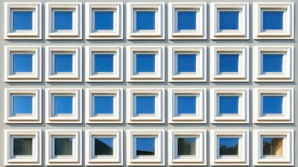 The exterior wall of an office building features a detailed arrangement of numerous windows in varying sizes and shapes, showcasing a modern urban design with clean lines