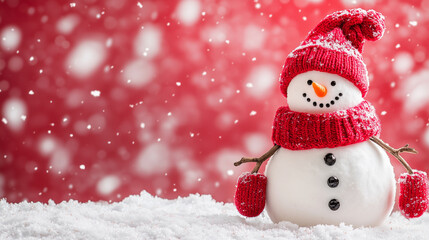 Cute small Snowman in 3D Winter Design, falling snow space for text. Closeup cute little Snowman waving . Christmas New Year Falling Snow Illustration. hat. red Happy winter smiling white snow man.