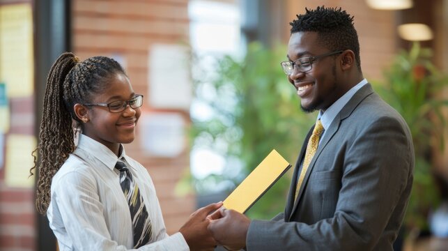 Young student receiving a scholarship award from a school official at a ceremony.