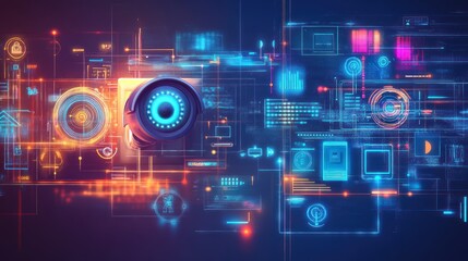 Obraz premium Futuristic digital interface with data visualization elements and technology motifs.