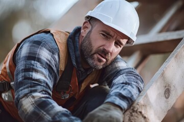a man in a hard hat and vest is working on a wooden beam