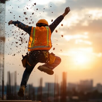 a construction worker jumping into the air