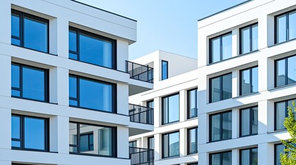 The exterior wall of an office building features a detailed arrangement of numerous windows in varying sizes and shapes, showcasing a modern urban design with clean lines