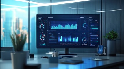 A modern workspace featuring a high-tech monitor displaying data analytics.