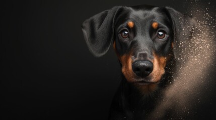  A tight shot of a canine's visage against a black backdrop, featuring specks of dust emerging from its eyes