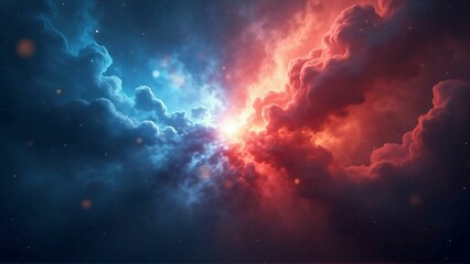 Naklejka premium 青と赤と雲のようなエネルギーの塊が混ざりあうようにせめぎ合っているぶつかりあっているグラフィックA clashing graphic in which blue, red, and cloud-like masses of energy are jostling and intermingling. 