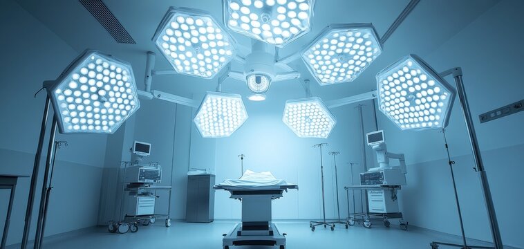 Modern surgical room with advanced lighting and medical equipment.