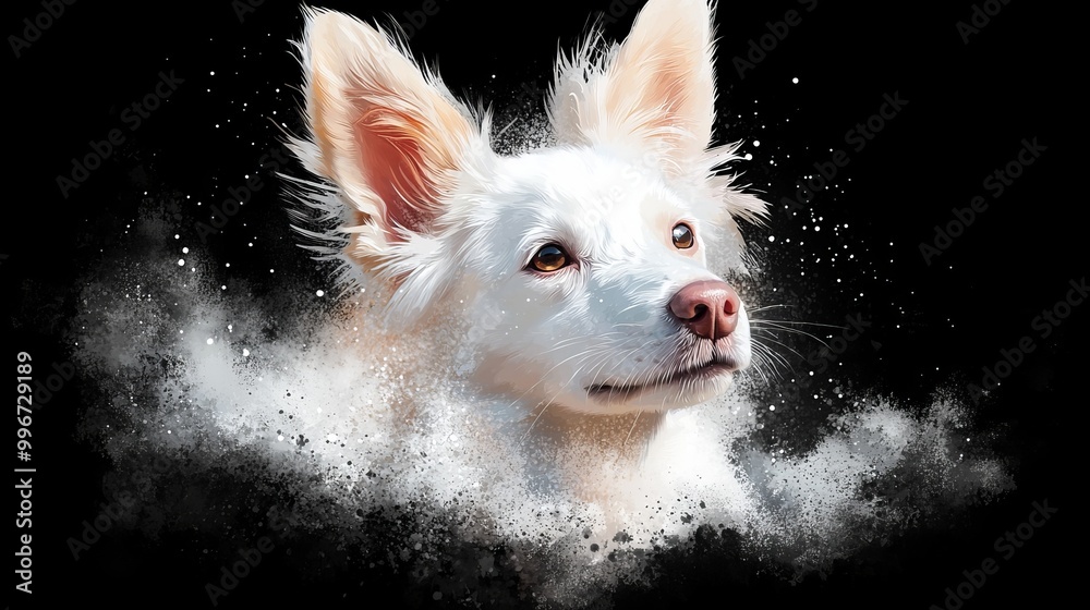 Wall mural  A tight shot of a white canine's visage against a pitch-black backdrop, encircled by white specks