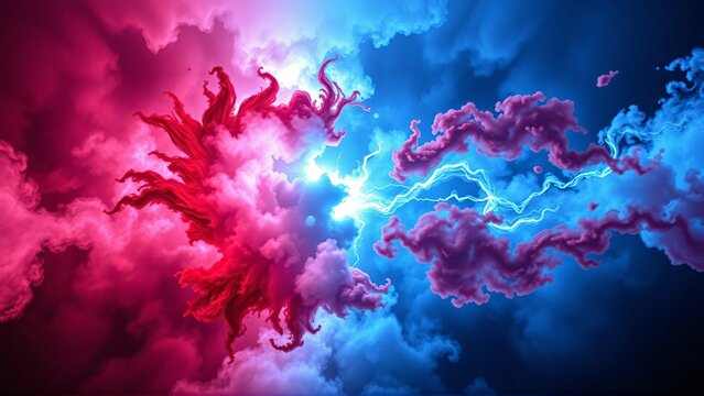 青と赤と雲のようなエネルギーの塊が混ざりあうようにせめぎ合っているぶつかりあっているグラフィック

A clashing graphic in which blue, red, and cloud-like masses of energy are jostling and intermingling.
