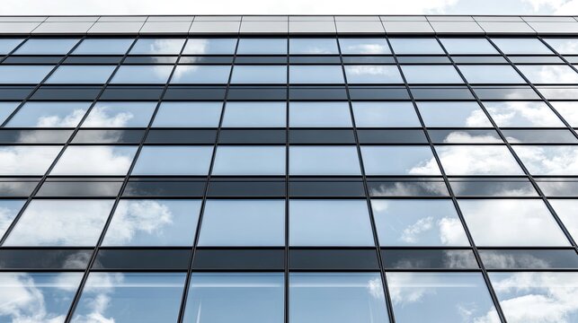 The exterior wall of an office building features a detailed arrangement of numerous windows in varying sizes and shapes, showcasing a modern urban design with clean lines