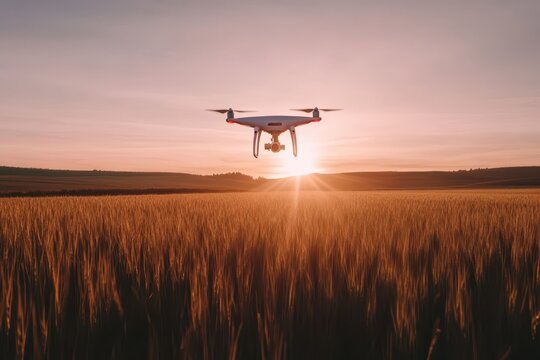 a drone flying over a field at sunset