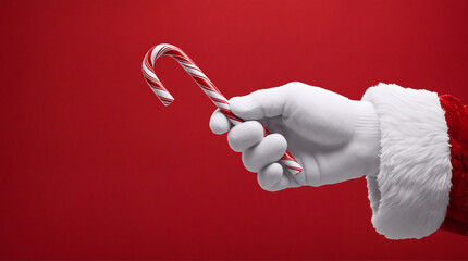 Santa Claus hand with white glove holding, giving a Christmas candy cane on red background. Holiday card, banner with copy space