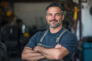 Skilled craftsman posing confidently in a workshop setting