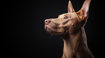  A dog's face in close-up against a black backdrop, illuminated by a light above