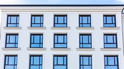 Fototapeta premium The exterior wall of an office building features a detailed arrangement of numerous windows in varying sizes and shapes, showcasing a modern urban design with clean lines